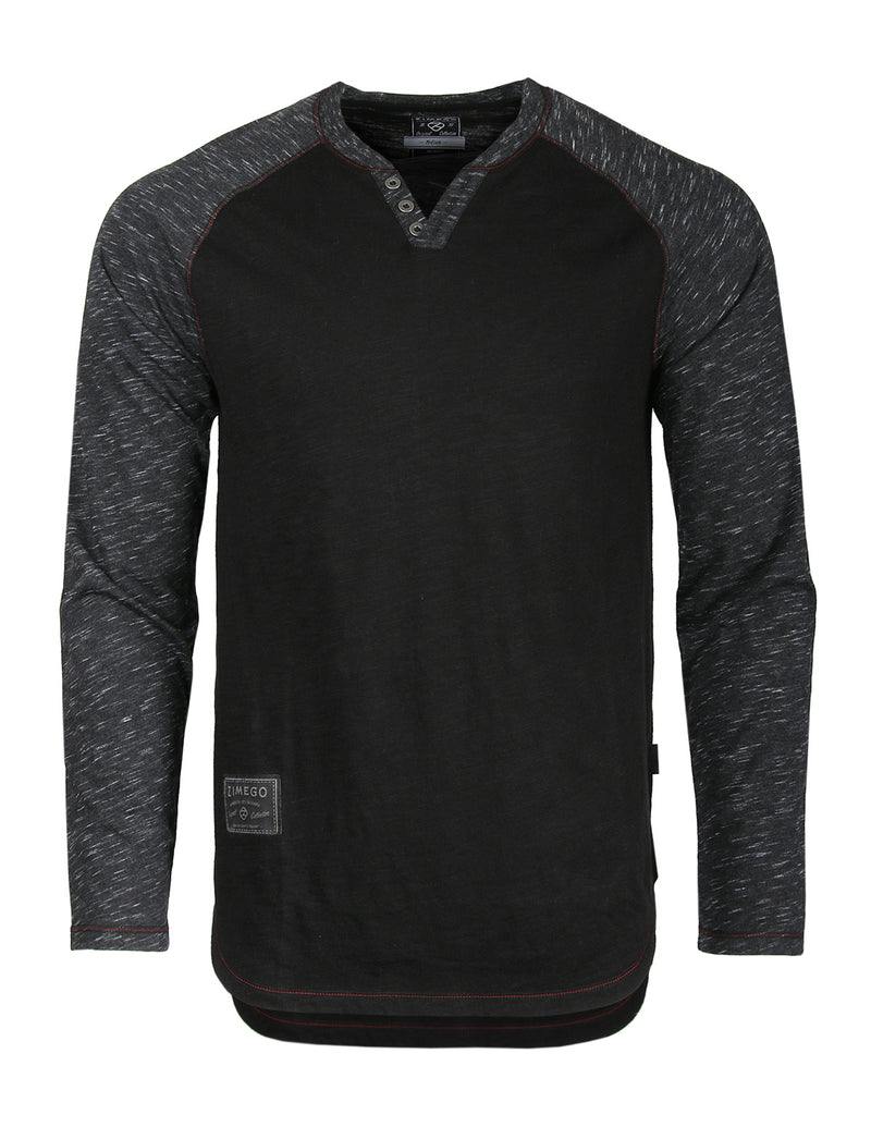 ZIMEGO Long Sleeve Contrast Raglan Henley V-Neck T-Shirts BLK-BLK