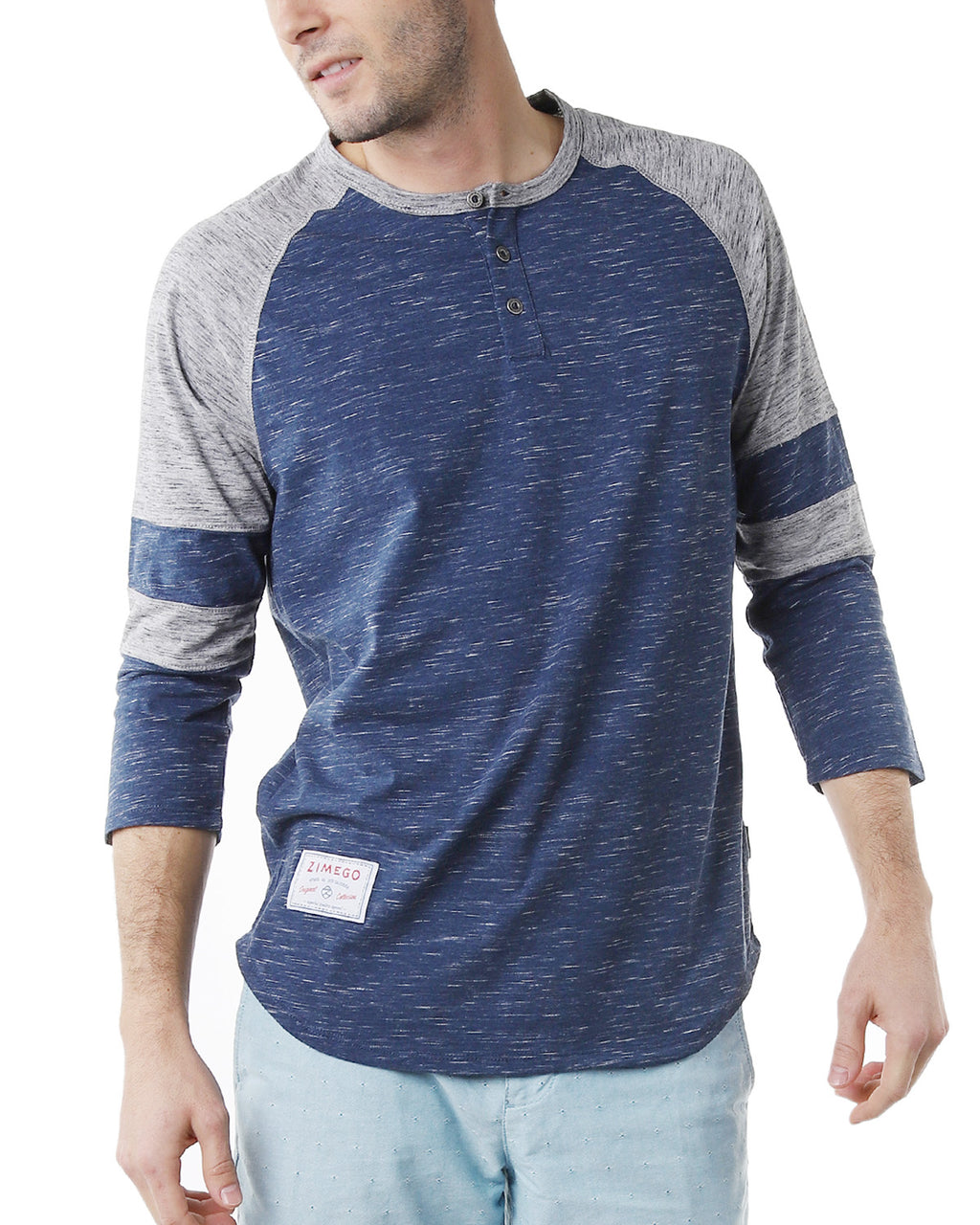 ZIMEGO Camiseta deportiva de manga 3/4 para hombre, color azul marino, béisbol, fútbol, ​​universidad, raglán, Henley