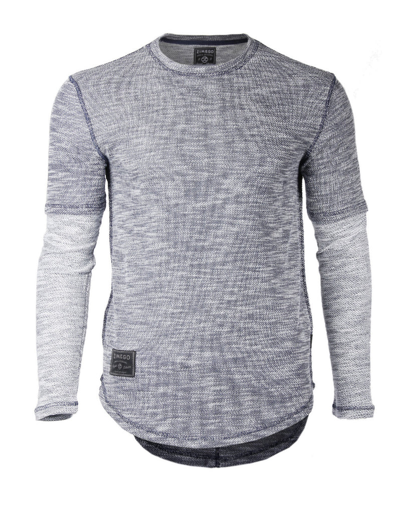 Zimego Men's Casual Knitted Contrast Layered Long Sleeve Round Bottom T-Shirts