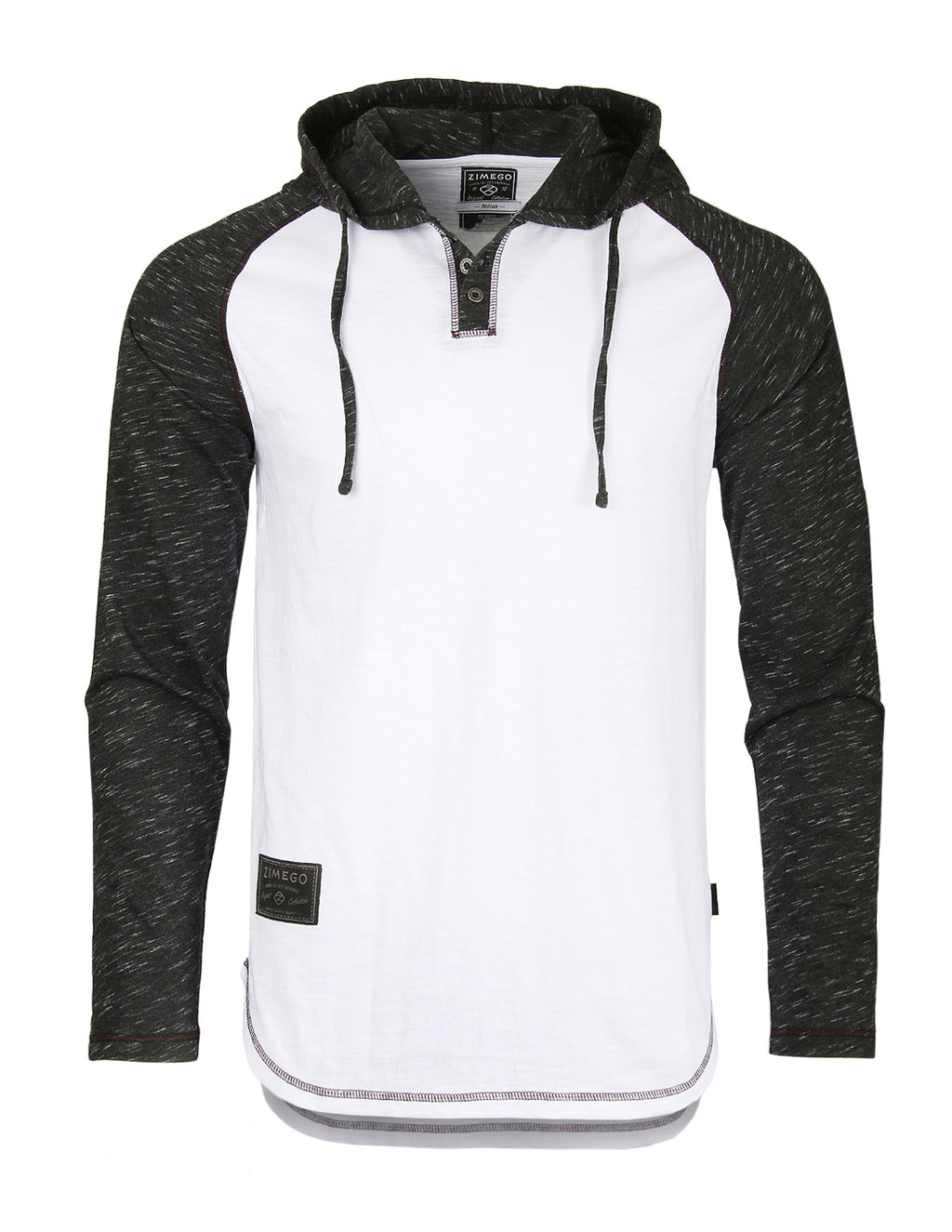 ZIMEGO Long Sleeve Raglan Henley Round Bottom Hood T-Shirts - WHITE/BLK