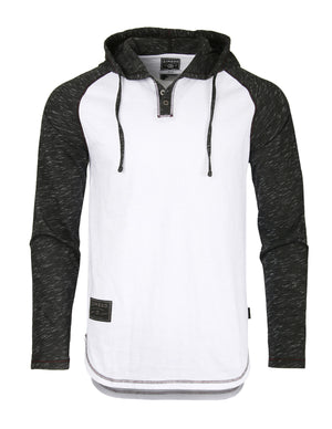 ZIMEGO Long Sleeve Raglan Henley Round Bottom Hood T-Shirts - WHITE/BLK