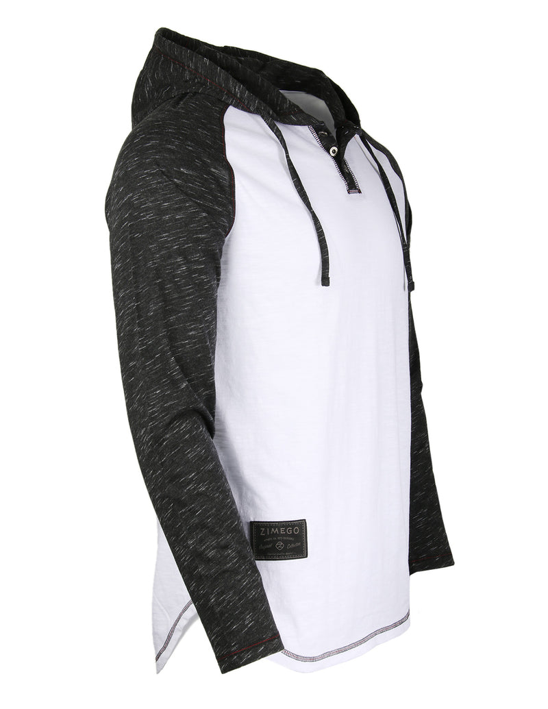 ZIMEGO Long Sleeve Raglan Henley Round Bottom Hood T-Shirts - WHITE/BLK