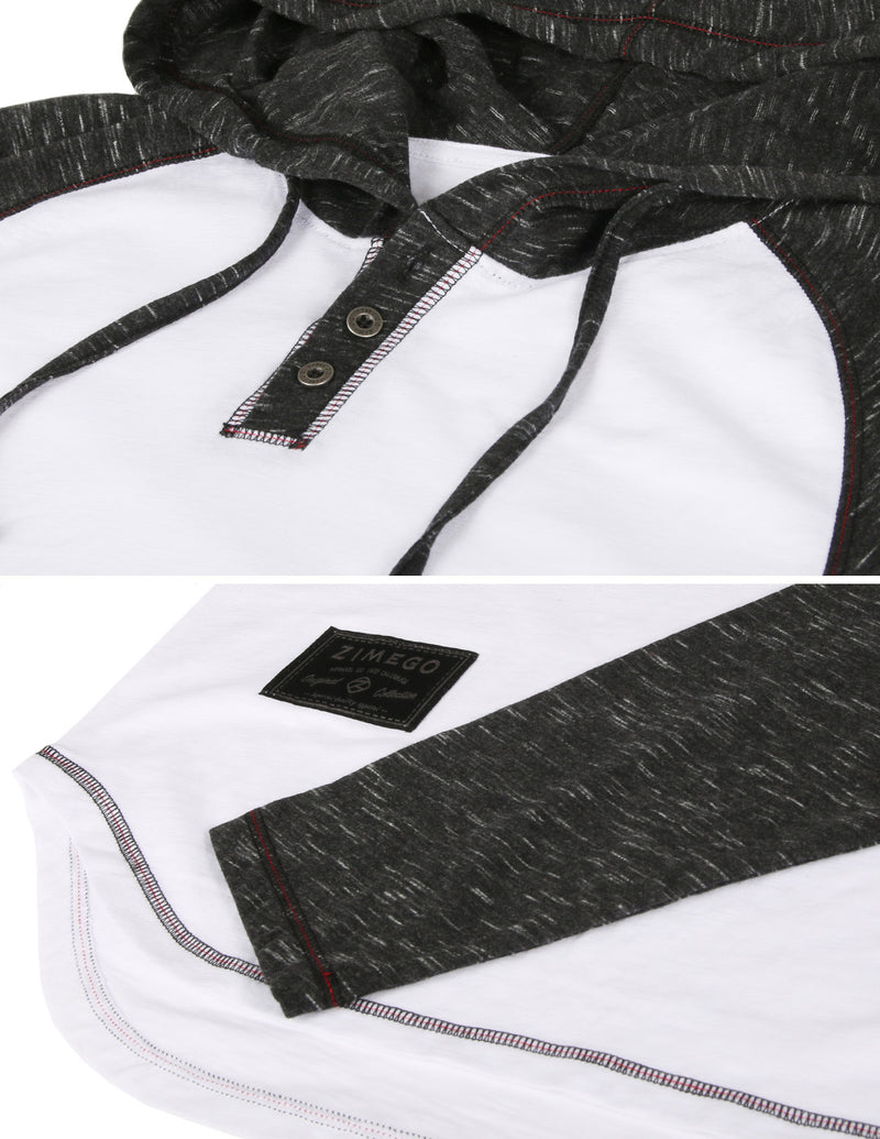 NEW ARRIVAL! - ZIMEGO Long Sleeve Raglan Henley Round Bottom Hood T-Shirts - WHITE/BLK - DREAM SUPPLY by ZIMEGO