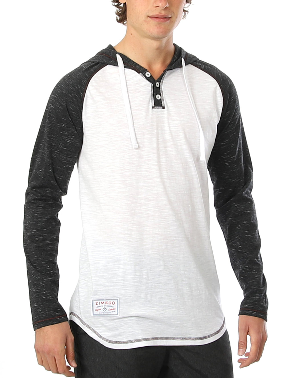 ZIMEGO Long Sleeve Raglan Henley Round Bottom Hood T-Shirts - WHITE/BLK