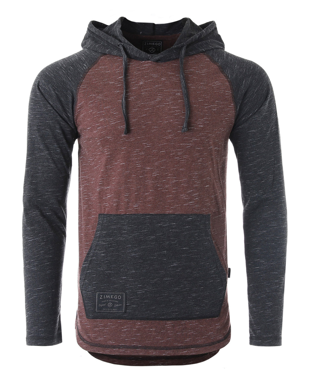 ZIMEGO Long Sleeve Raglan Henley Round Bottom Hood T-Shirts - MAROON / BLACK