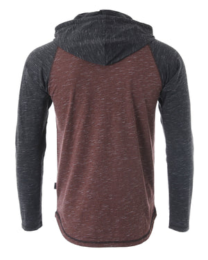 ZIMEGO Long Sleeve Raglan Henley Round Bottom Hood T-Shirts - MAROON / BLACK