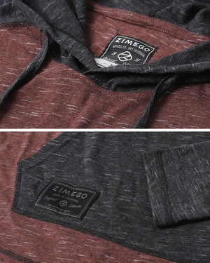 ZIMEGO Long Sleeve Raglan Henley Round Bottom Hood T-Shirts - MAROON / BLACK