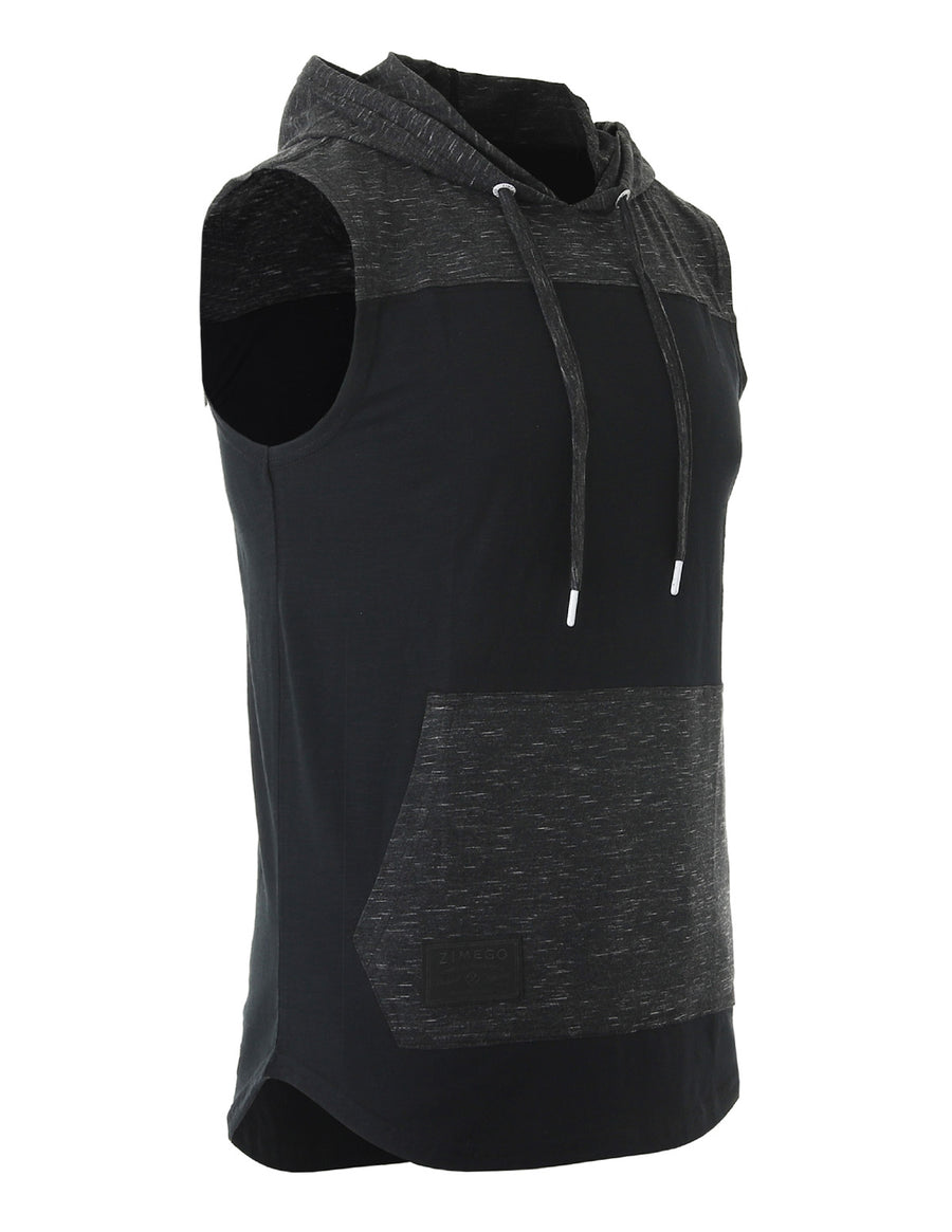 ZIMEGO Jersey sin mangas con bloque de color para hombre, bolsillo canguro, camiseta sin mangas con capucha - 051