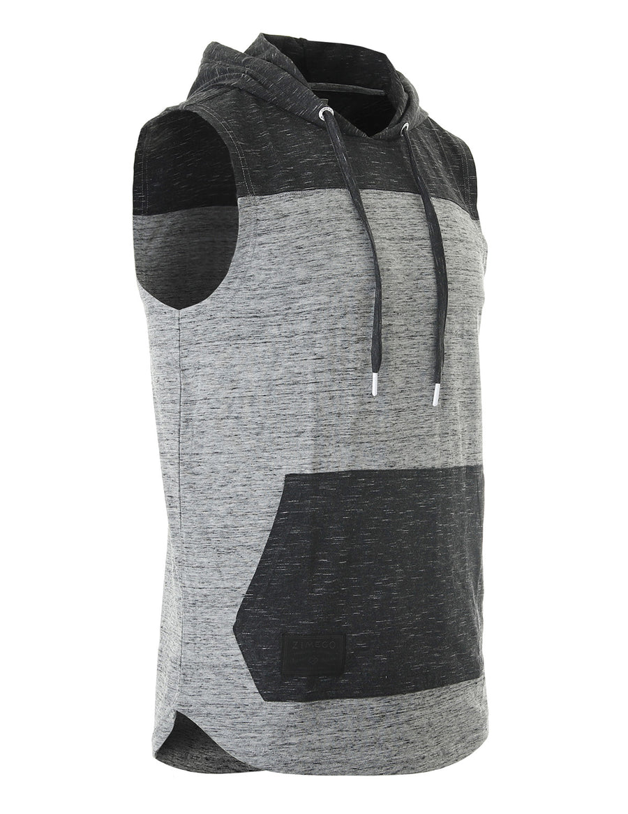 ZIMEGO Jersey sin mangas con bloque de color para hombre, bolsillo canguro, camiseta sin mangas con capucha - 051