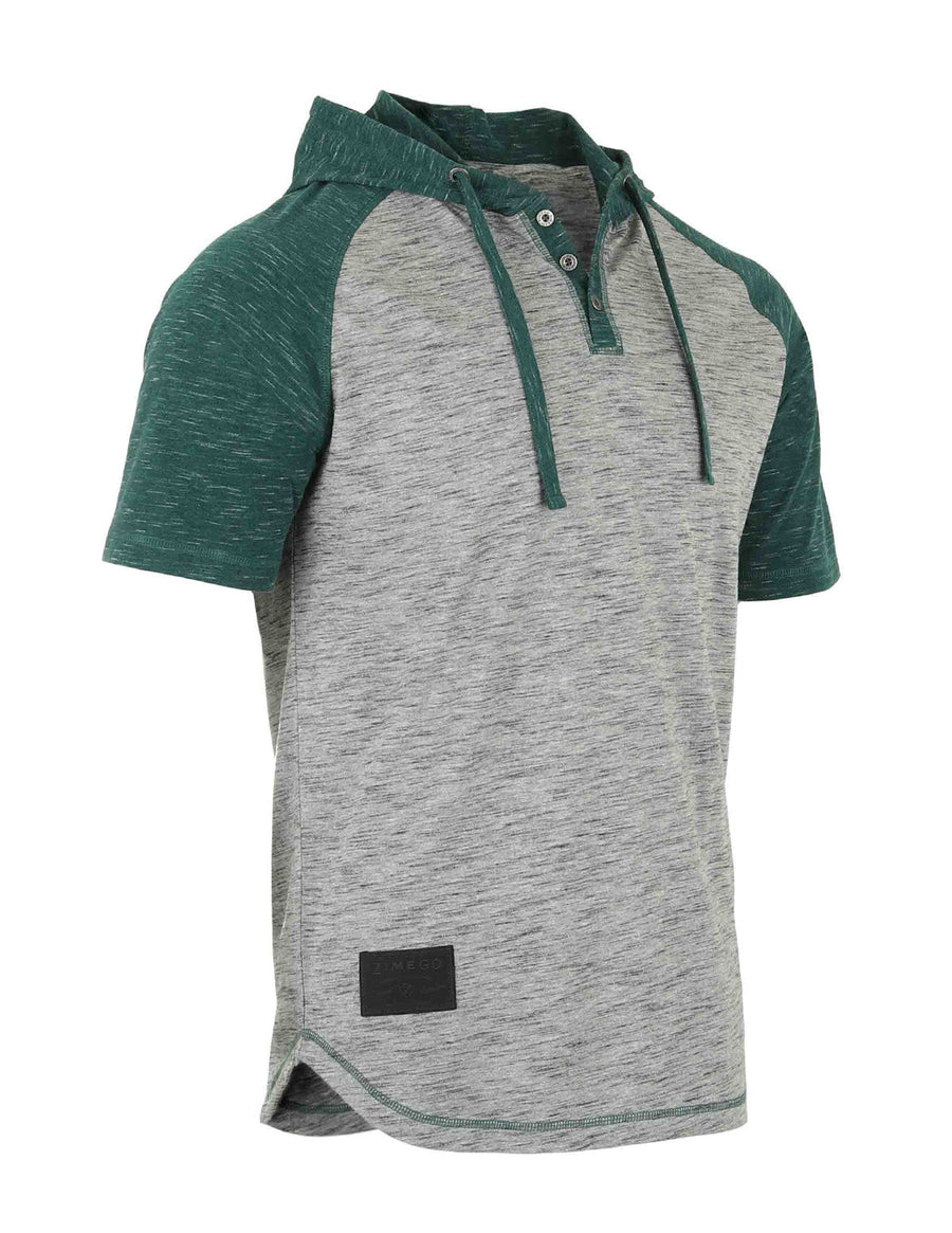 ZIMEGO Men's Short Sleeve Raglan Henley Hoodie Round Bottom Semi Longline T-Shirt
