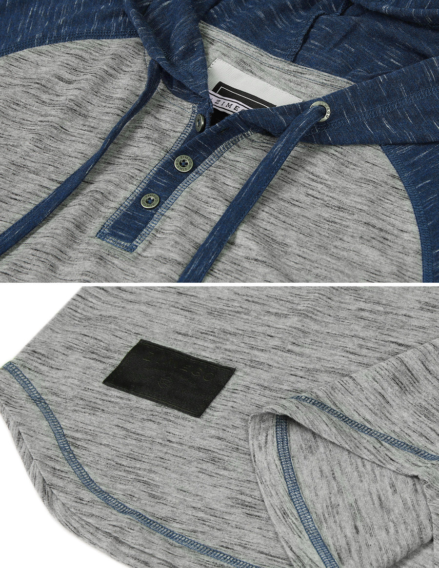 ZIMEGO Men's Short Sleeve Raglan Henley Hoodie Round Bottom Semi Longline T-Shirt
