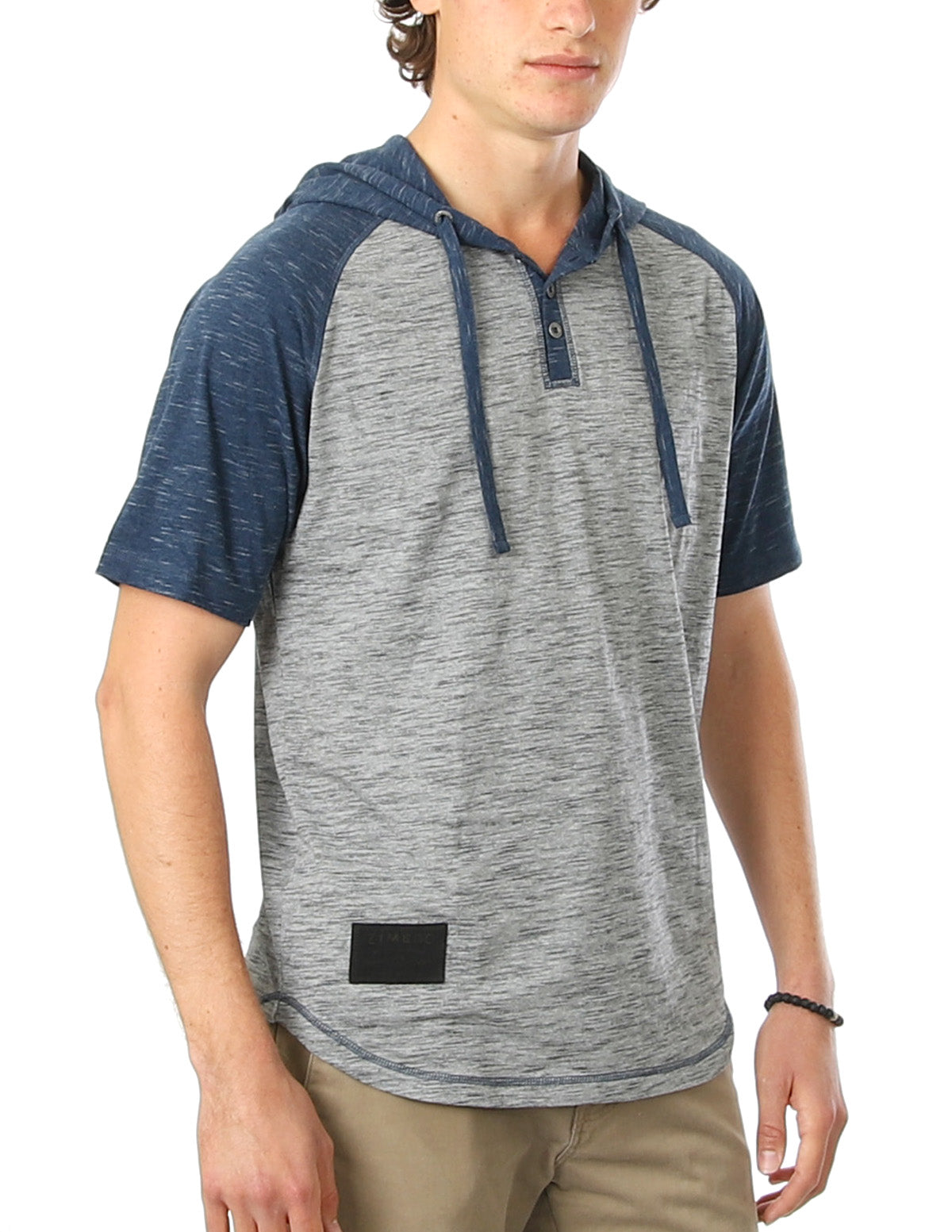 Zimego Men's Short Sleeve Raglan Henley Hoodie Round Bottom Semi Longline T-Shirt Small / D Grey / Navy