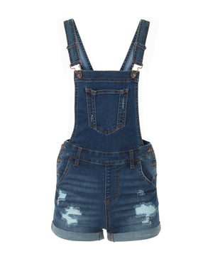 ZIMEGO Junior Stretch Denim Destroyed Overalls Shortalls Jumpsuit shorts