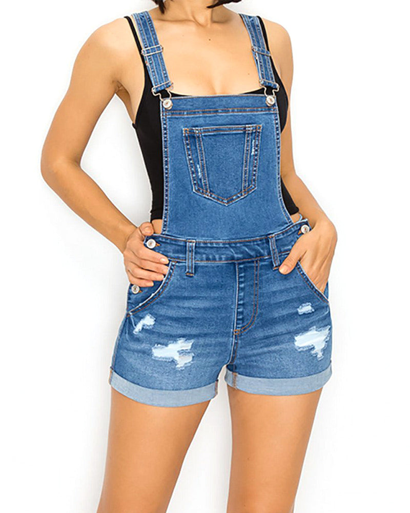 ZIMEGO Junior Stretch Denim Destroyed Overalls Shortalls Jumpsuit shorts